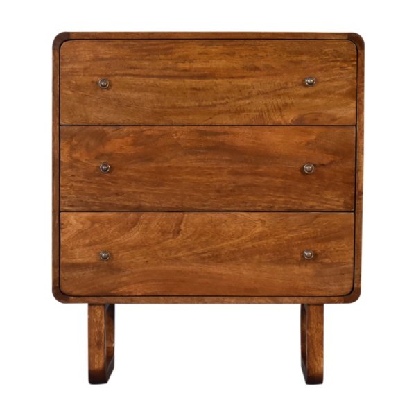 Solid Mango Wood Chestnut Finished 3 Drawer Curved Chest with 'U' Shaped Legs