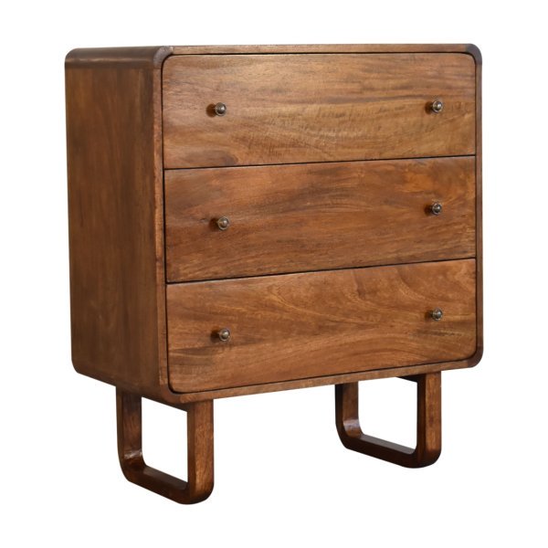Solid Mango Wood Chestnut Finished 3 Drawer Curved Chest with 'U' Shaped Legs - Image 3