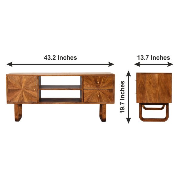 Solid Mango Wood Chestnut Finished 2 Drawers 1 Door Sunrise Media Unit with 'U' Shaped Legs - Image 10