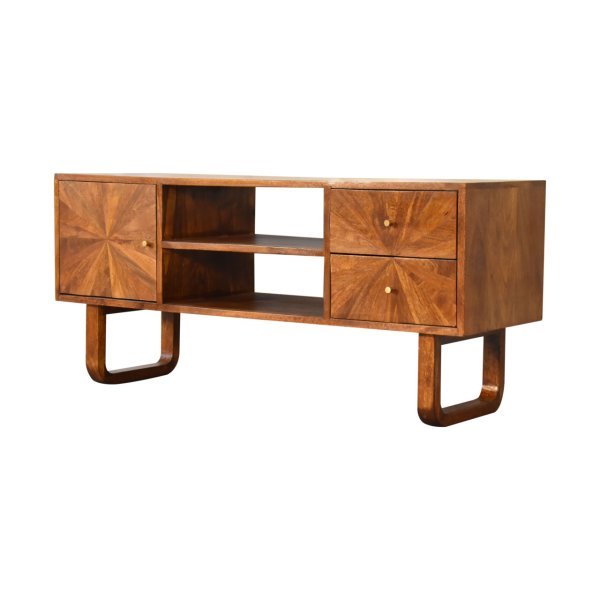 Solid Mango Wood Chestnut Finished 2 Drawers 1 Door Sunrise Media Unit with 'U' Shaped Legs - Image 2