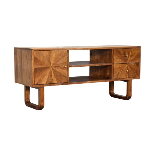 Solid Mango Wood Chestnut Finished 2 Drawers 1 Door Sunrise Media Unit with 'U' Shaped Legs - Image 3