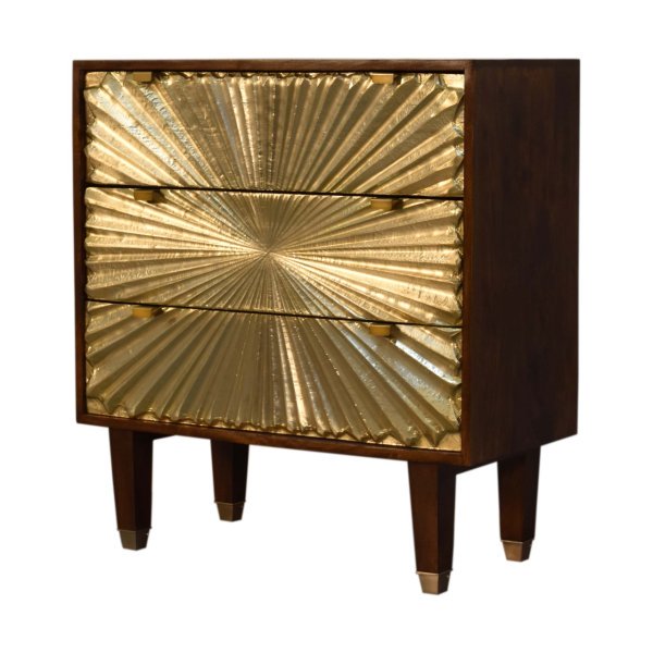 Solid Mango Wood Chestnut Finished 3 Drawer Manila Gold Tapered Chest - Image 3