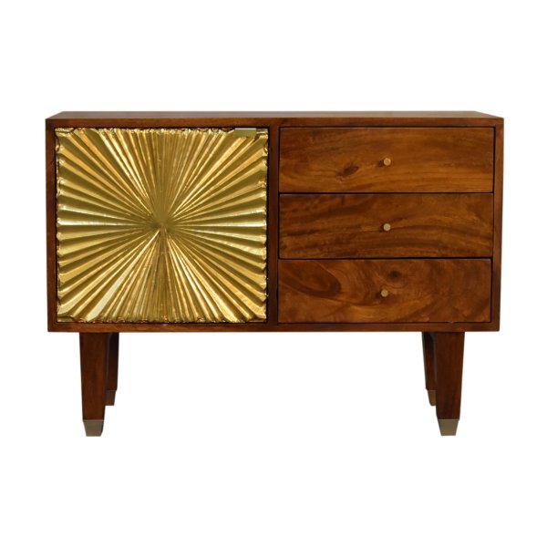 Solid Mango Wood Chestnut Finished 3 Drawer 1 Door Manila Gold Sunburst Sideboard