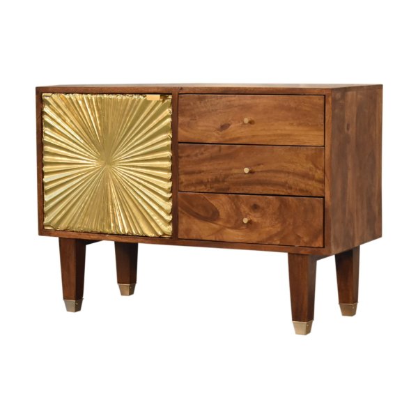 Solid Mango Wood Chestnut Finished 3 Drawer 1 Door Manila Gold Sunburst Sideboard - Image 2
