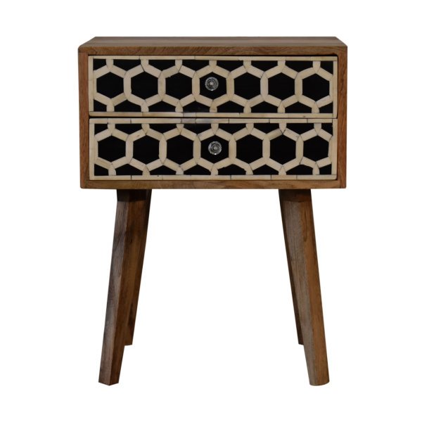Solid Mango Wood Oak Finished 2 Drawer Bone Inlay Scandinavian Style Bedside