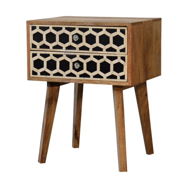 Solid Mango Wood Oak Finished 2 Drawer Bone Inlay Scandinavian Style Bedside - Image 2