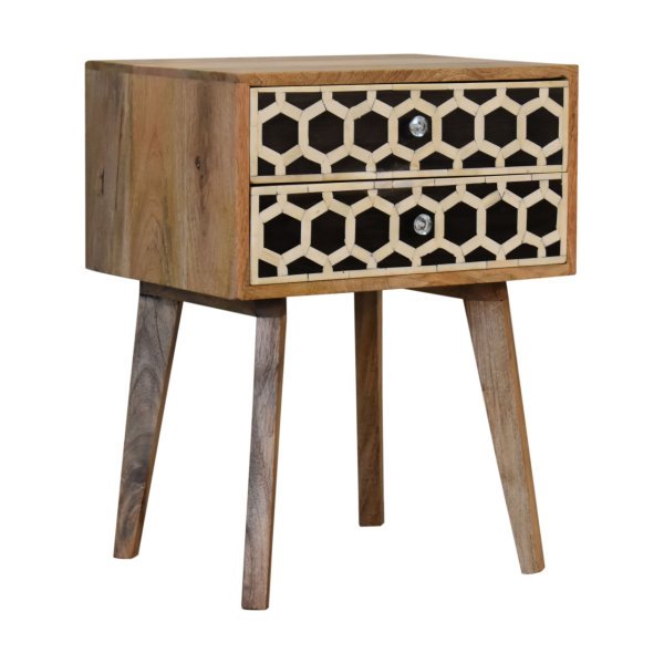 Solid Mango Wood Oak Finished 2 Drawer Bone Inlay Scandinavian Style Bedside - Image 3