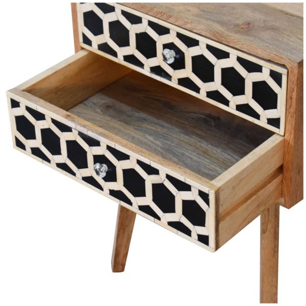 Solid Mango Wood Oak Finished 2 Drawer Bone Inlay Scandinavian Style Bedside - Image 6