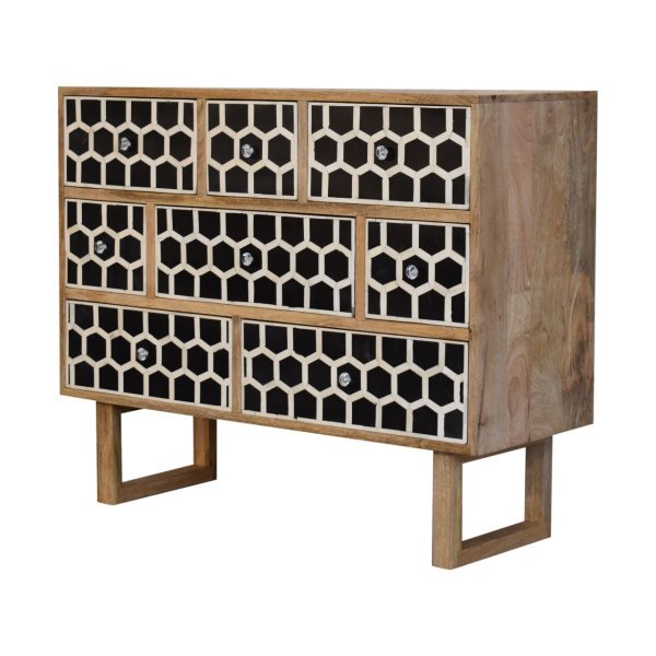 Solid Mango Wood Oak Finished 8 Drawer Bone Inlay Chest with 'U' Shaped Legs - Image 3