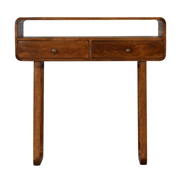 Solid Mango Wood Chestnut Finished 2 Drawer Curved Console Table with 'U' Shaped Legs