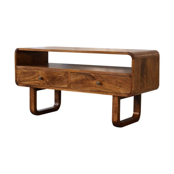 Solid Mango Wood Chestnut Finished 2 Drawer Curved Media Unit with 'U' Shaped Legs - Image 2