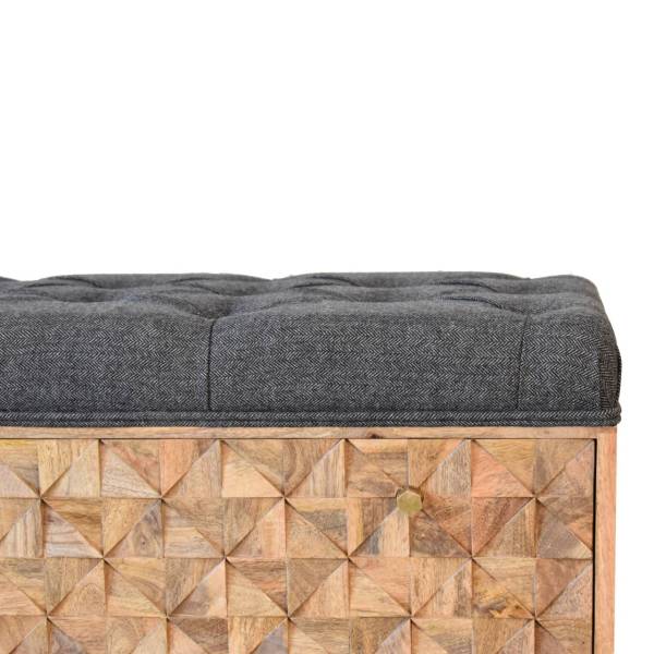 Solid Mango Wood Oak Finished 'U' Shaped Legs Black Tweed Upholstered Diamond Bench - Image 4