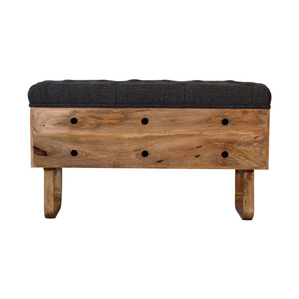 Solid Mango Wood Oak Finished  'U' Shaped Legs Black Tweed Upholstered Diamond Bench - Image 9