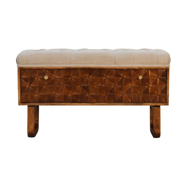 Solid Mango Wood Chestnut Finished Linen Upholstered 'U' Shaped Legs Diamond Bench