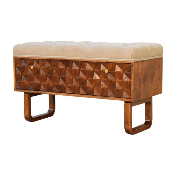 Solid Mango Wood Chestnut Finished Linen Upholstered 'U' Shaped Legs Diamond Bench - Image 2