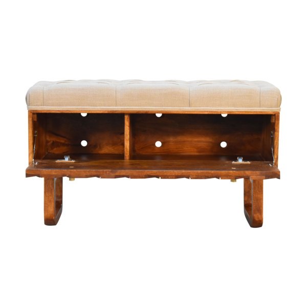 Solid Mango Wood Chestnut Finished Linen Upholstered 'U' Shaped Legs Diamond Bench - Image 5