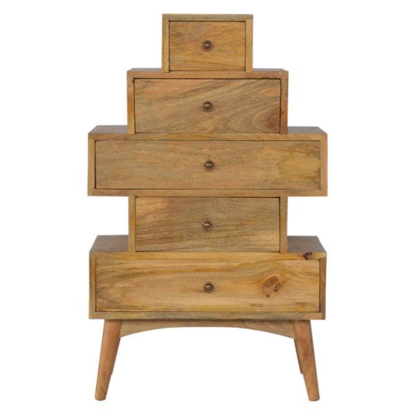 Solid Mango Wood Oak Finished 5 Drawer Tower Chest Cabinet