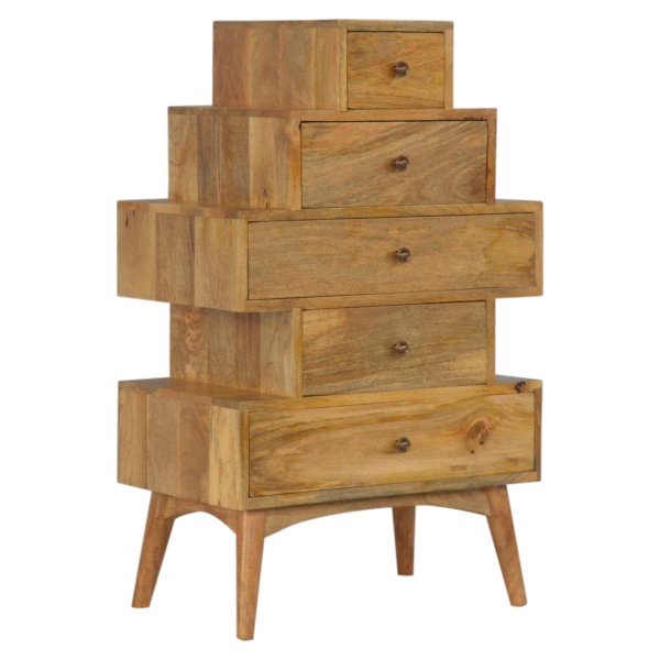 Solid Mango Wood Oak Finished 5 Drawer Tower Chest Cabinet - Image 2