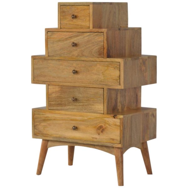Solid Mango Wood Oak Finished 5 Drawer Tower Chest Cabinet - Image 3