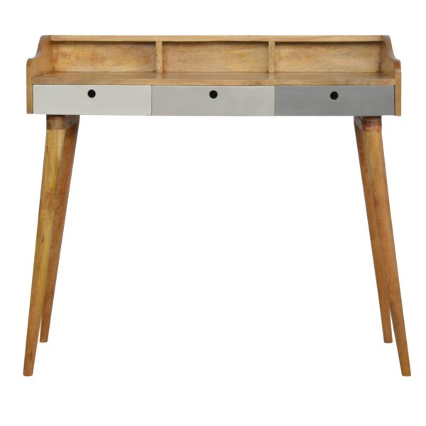 Solid Mango Wood Oak Finished Hand Painted Grey 3 Drawer Gallery Writing Desk - Image 2