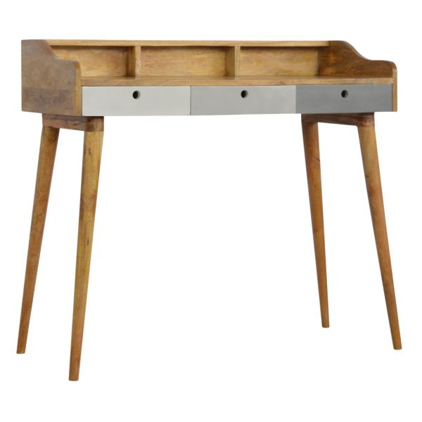 Solid Mango Wood Oak Finished Hand Painted Grey 3 Drawer Gallery Writing Desk - Image 3