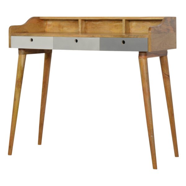 Solid Mango Wood Oak Finished Hand Painted Grey 3 Drawer Gallery Writing Desk - Image 4