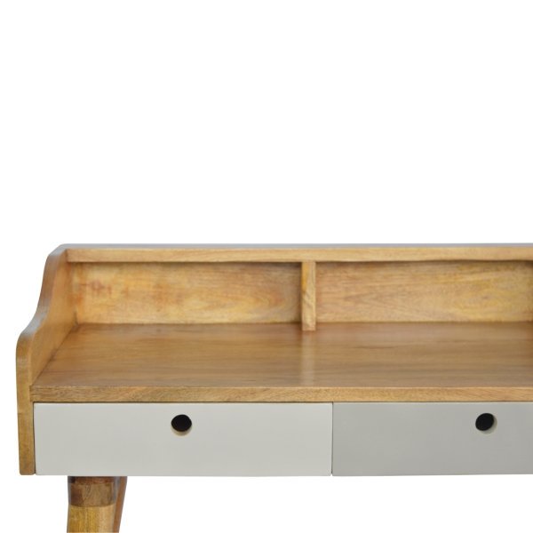 Solid Mango Wood Oak Finished Hand Painted Grey 3 Drawer Gallery Writing Desk - Image 5