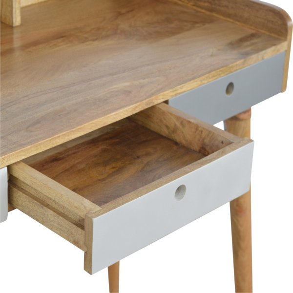 Solid Mango Wood Oak Finished Hand Painted Grey 3 Drawer Gallery Writing Desk - Image 7