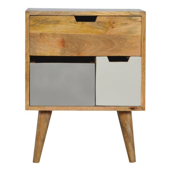 Solid Mango Wood Oak Finished & Hand Painted 3 Drawer Grey and White Bedside