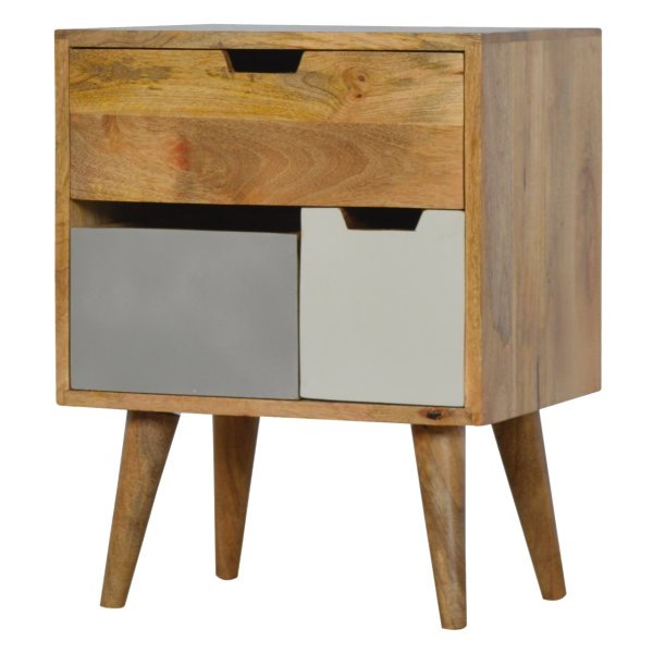 Solid Mango Wood Oak Finished & Hand Painted 3 Drawer Grey and White Bedside - Image 2