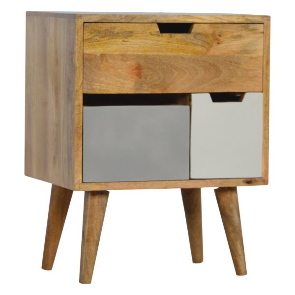 Solid Mango Wood Oak Finished & Hand Painted 3 Drawer Grey and White Bedside - Image 3
