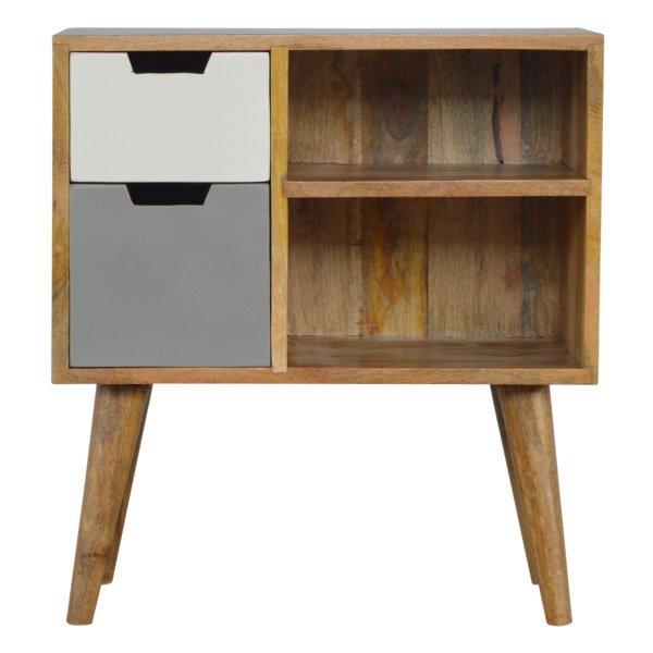Solid Mango Wood Oak Finished 2 Drawer Hand Painted Grey and White Cabinet