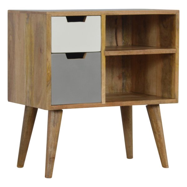 Solid Mango Wood Oak Finished 2 Drawer Hand Painted Grey and White Cabinet - Image 2