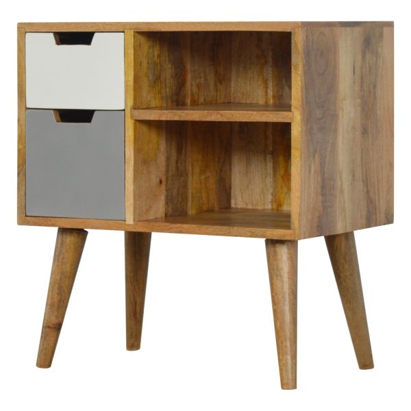 Solid Mango Wood Oak Finished 2 Drawer Hand Painted Grey and White Cabinet - Image 3