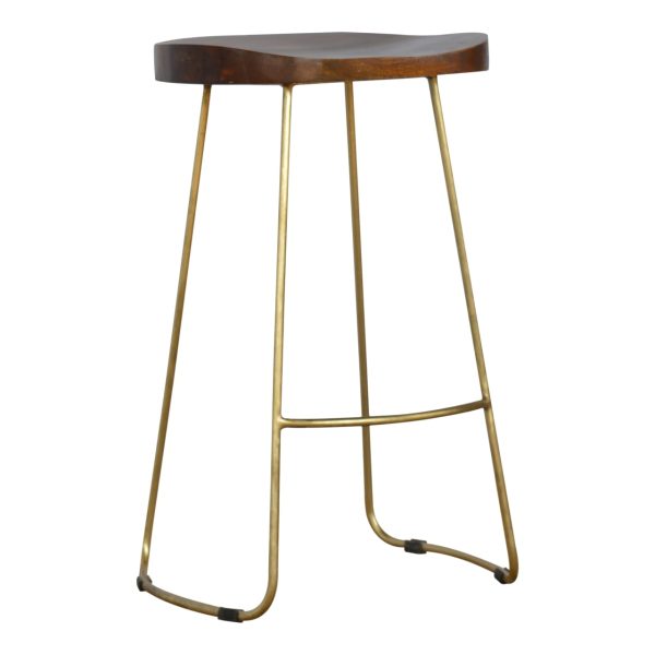 Solid Mango Wood Chestnut Finished Iron Based Gold Coloured Bar Stool - Image 2