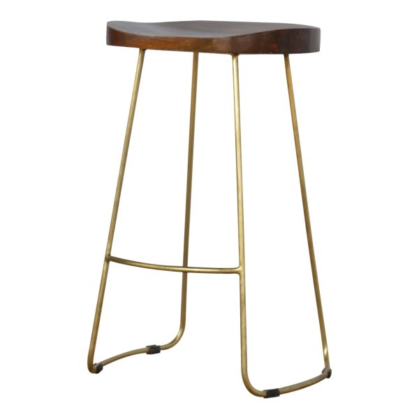 Solid Mango Wood Chestnut Finished Iron Based Gold Coloured Bar Stool - Image 3