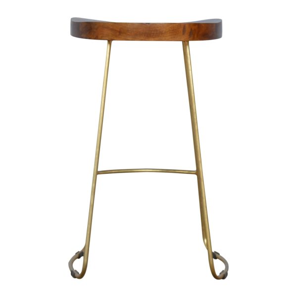 Solid Mango Wood Chestnut Finished Iron Based Gold Coloured Bar Stool - Image 8