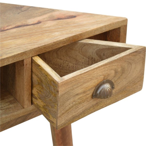 Solid Mango Wood Oak Finished 2 Drawers 1 Slot Corner Writing Desk - Image 4