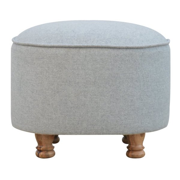 Solid Mango Wood Light Grey Tweed Upholstered Oval Footstool