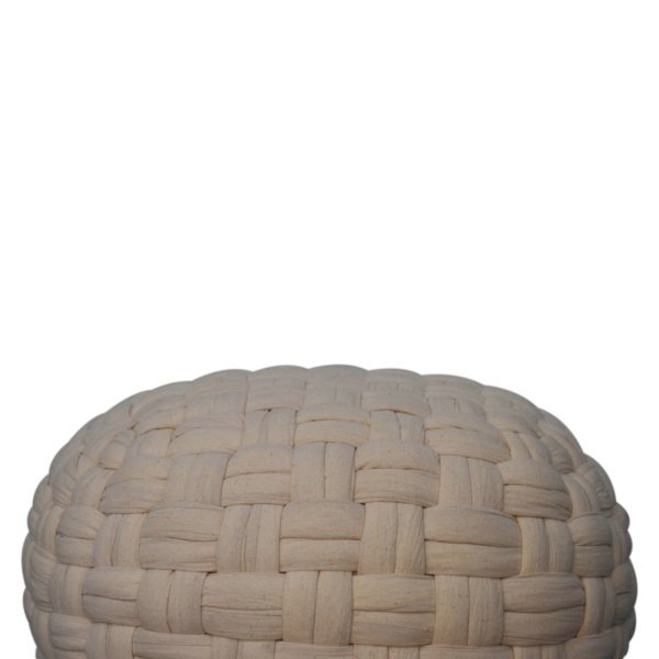 Solid Mango Wood White Cotton Woven Tube Pouffe - Image 3