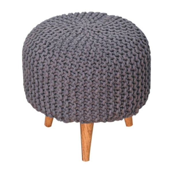 Solid Mango Wood Oak Finished Keeva Grey Woven Round Footstool - Image 2