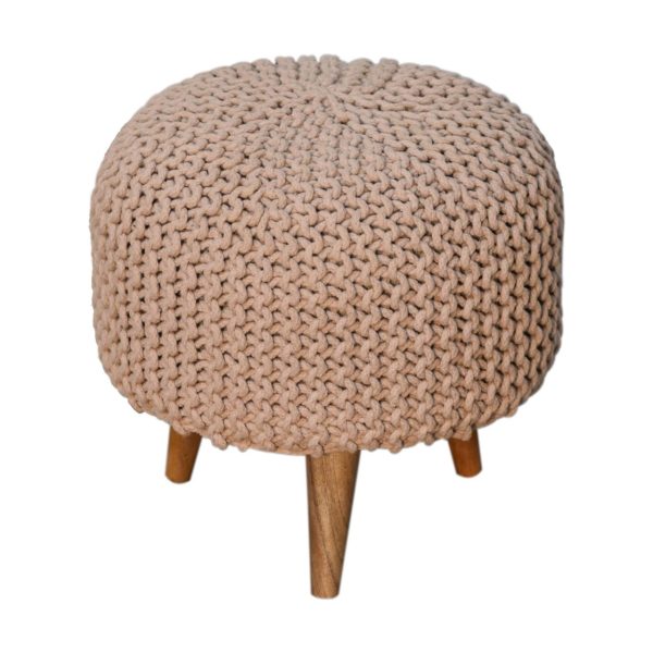 Solid Mango Wood Oak Finish Keeva Beige Round Footstool - Image 2