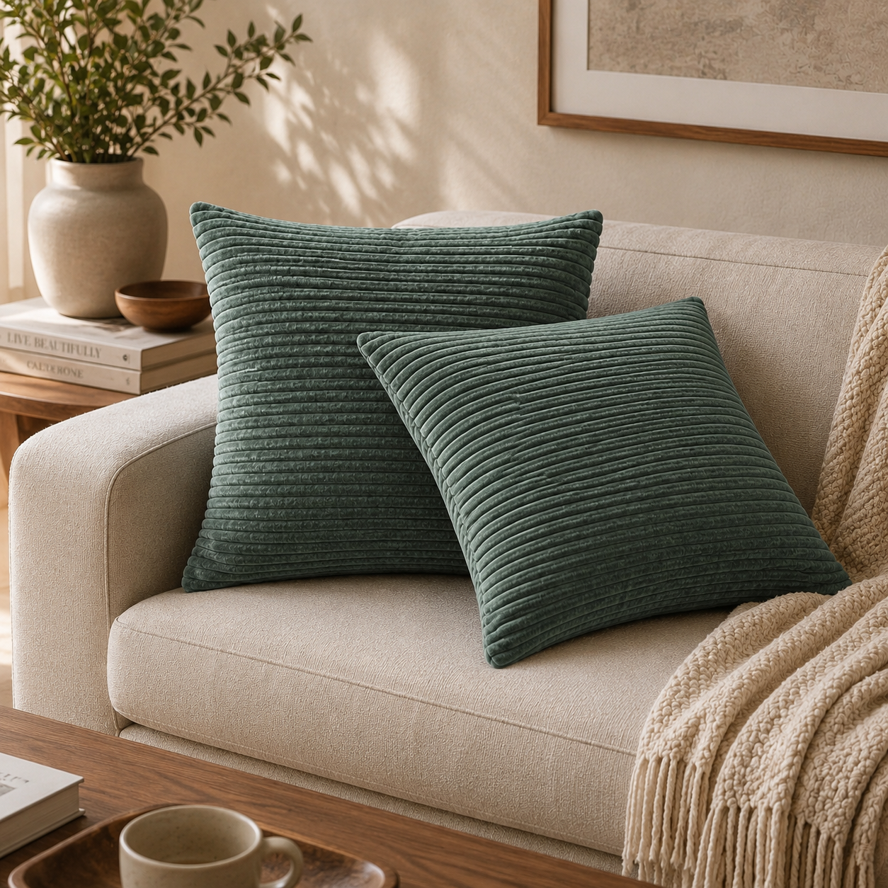Solid Mango Wood Set of 2 Ribbed Green Cushions