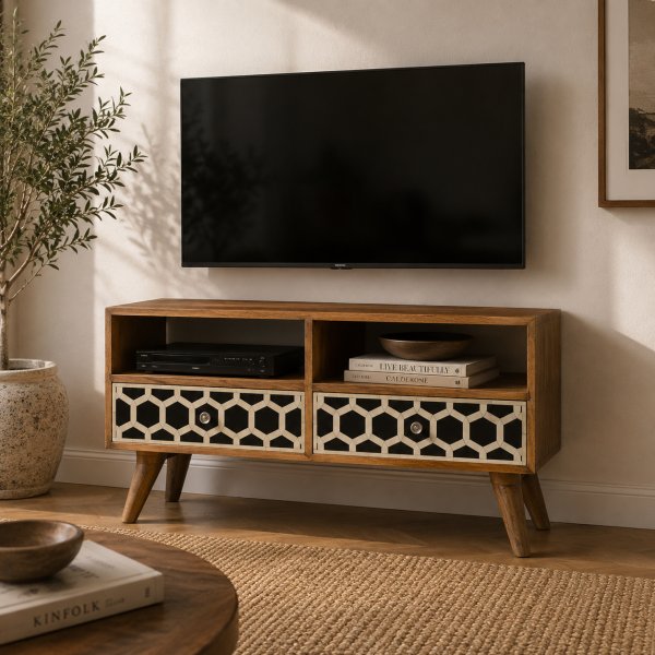 Solid Mango Wood Oak Finish Bone Inlay 2 Drawer Media Unit