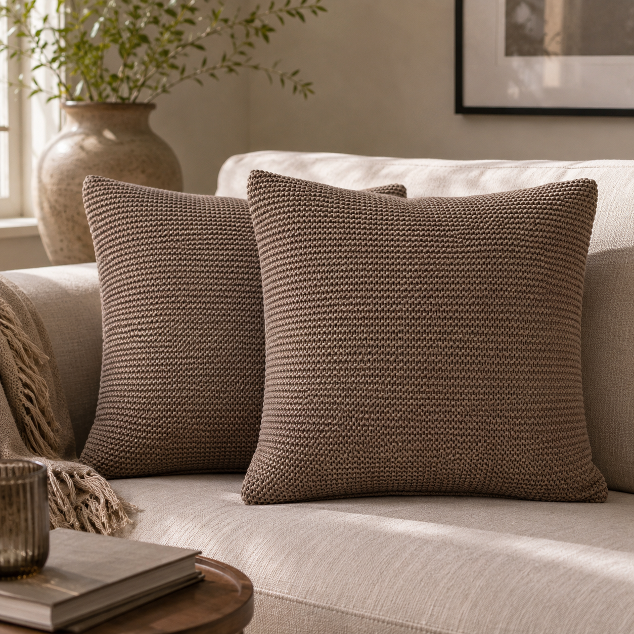 Solid Mango Wood Brown Cotton Cushion Set of 2