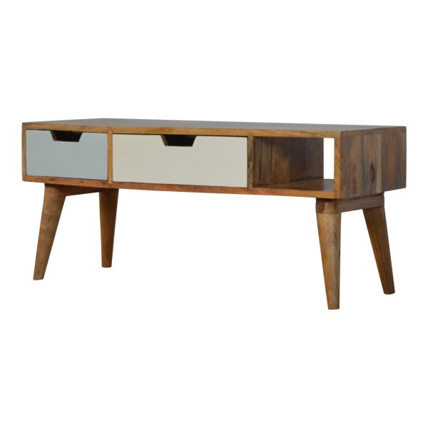 Solid Mango Wood Oak Finished Green & White Hand Painted 2 Drawer 1 Slot Media Unit - Image 2