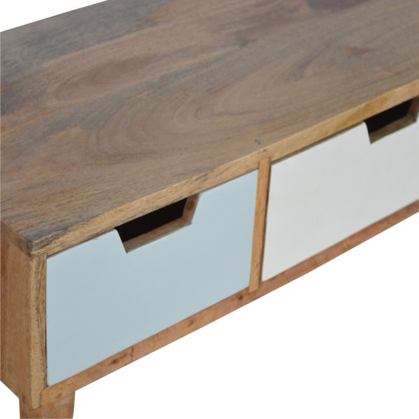 Solid Mango Wood Oak Finished Green & White Hand Painted 2 Drawer 1 Slot Media Unit - Image 4