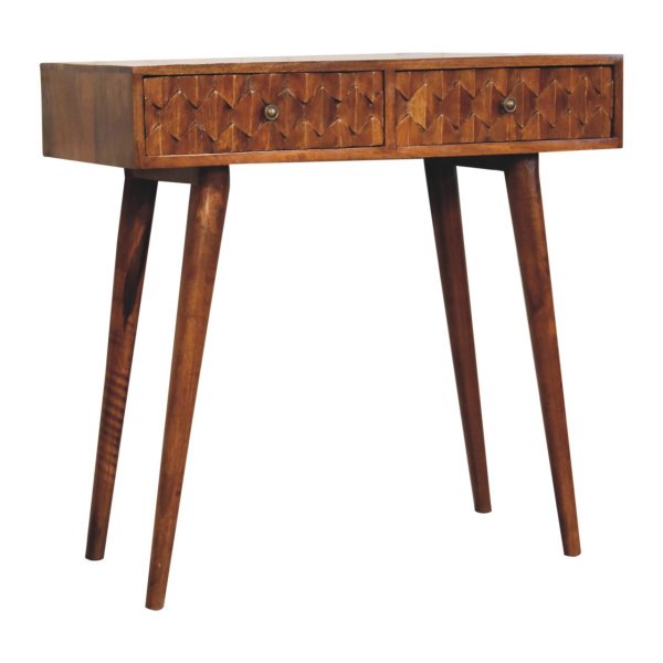 Solid Mango Wood Chestnut Finished Pineapple Carved 2 Drawer Console Table - Image 2