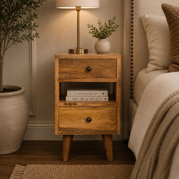 Solid Mango Wood Multi Oak Finished 2 Drawer 1 Slot Mini Classic Bedside