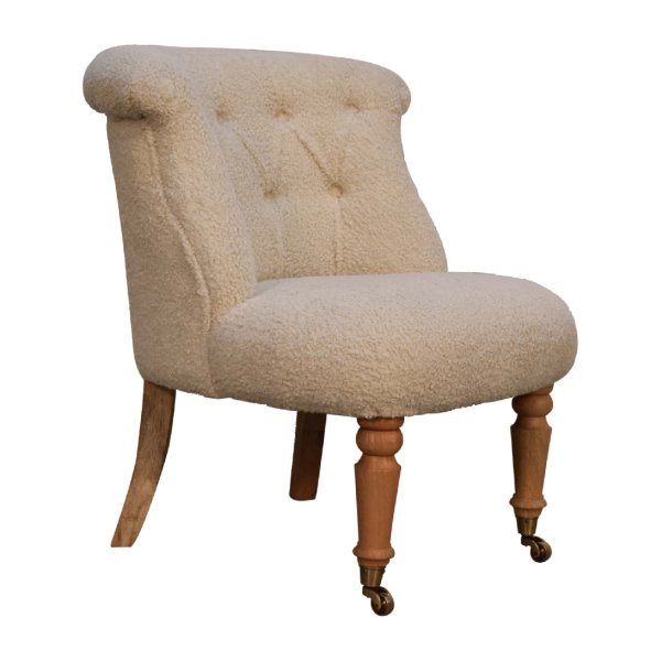Solid Mango Wood Oak Finished Boucle Upholstered Cream Accent Chair - Image 2
